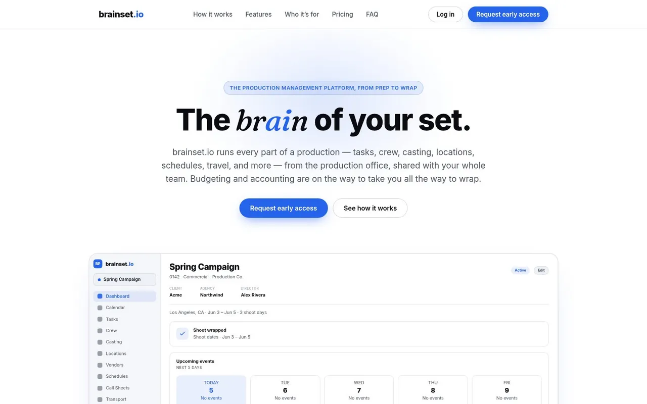 Portada de brainset.io con el titular «The brain of your set» y una vista del panel de un rodaje