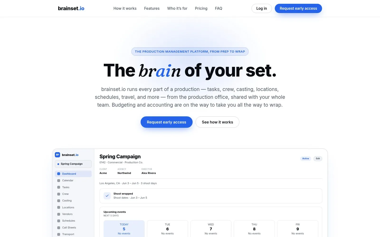 Portada de brainset.io con el titular «The brain of your set» y una vista del panel de un rodaje