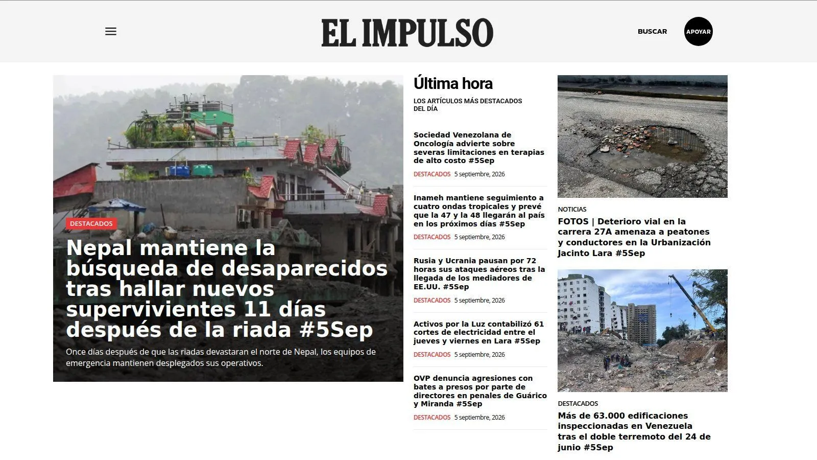 Front page of elimpulso.com with the lead story, the breaking-news column and the sections of the day