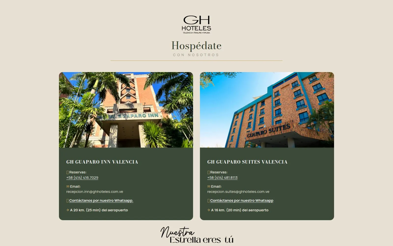 Front page of ghhoteles.com.ve with the cards for GH Guaparo Inn and GH Guaparo Suites in Valencia