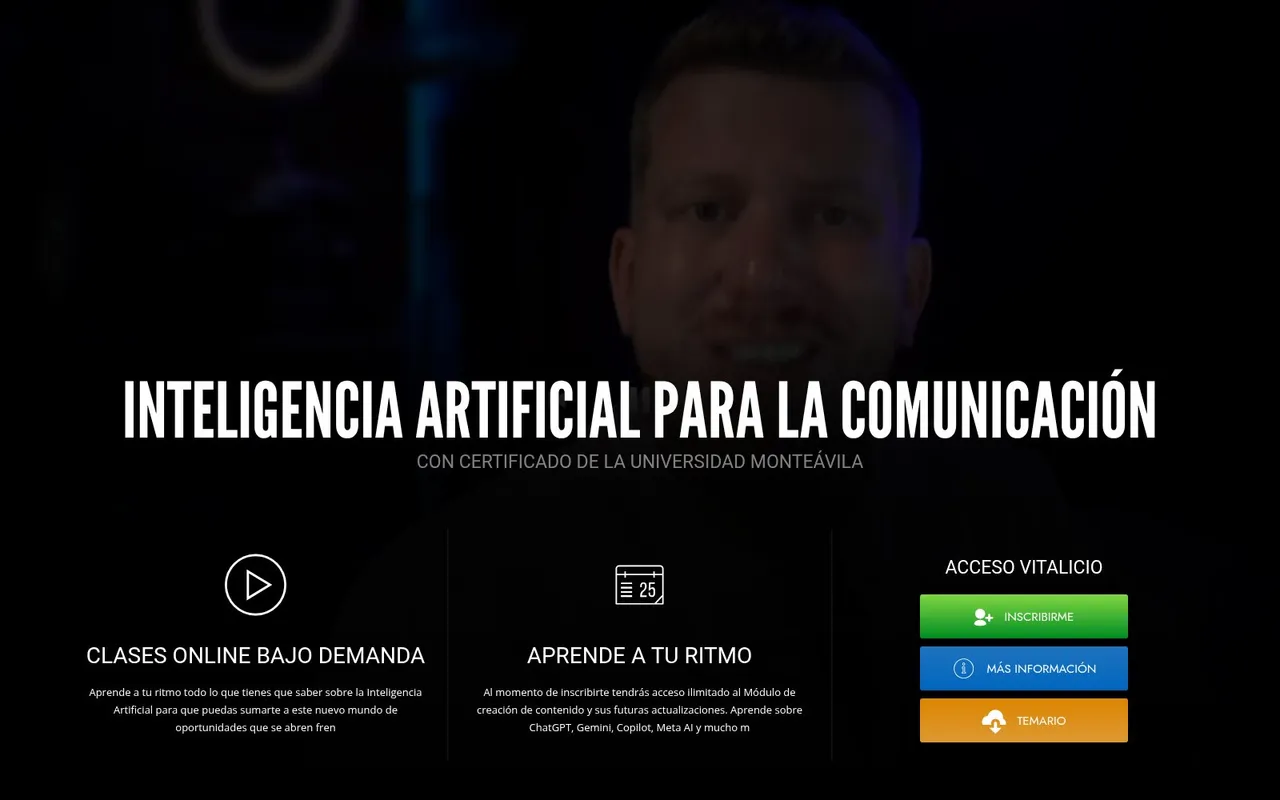 Front page of kcocarmona.com with the artificial-intelligence course for communication and the enrolment buttons